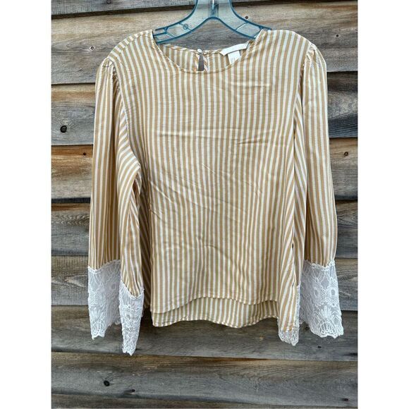 H&M size 10 mustard yellow striped top with bell sleeves wide lace cuffs - Picture 8 of 10